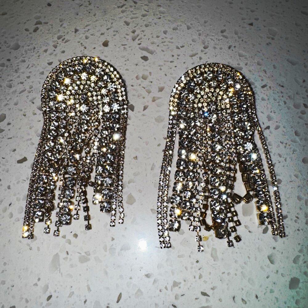 Silver Tone Clip-On Pavé Rhinestone Simulated Crystal Fringe Tassel Earrings